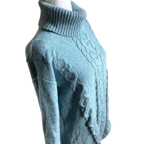 L.L. Bean Women's Sweater Cotton Cable Knit LS Turtleneck Marled Teal, sz Small - Picture 2 of 11
